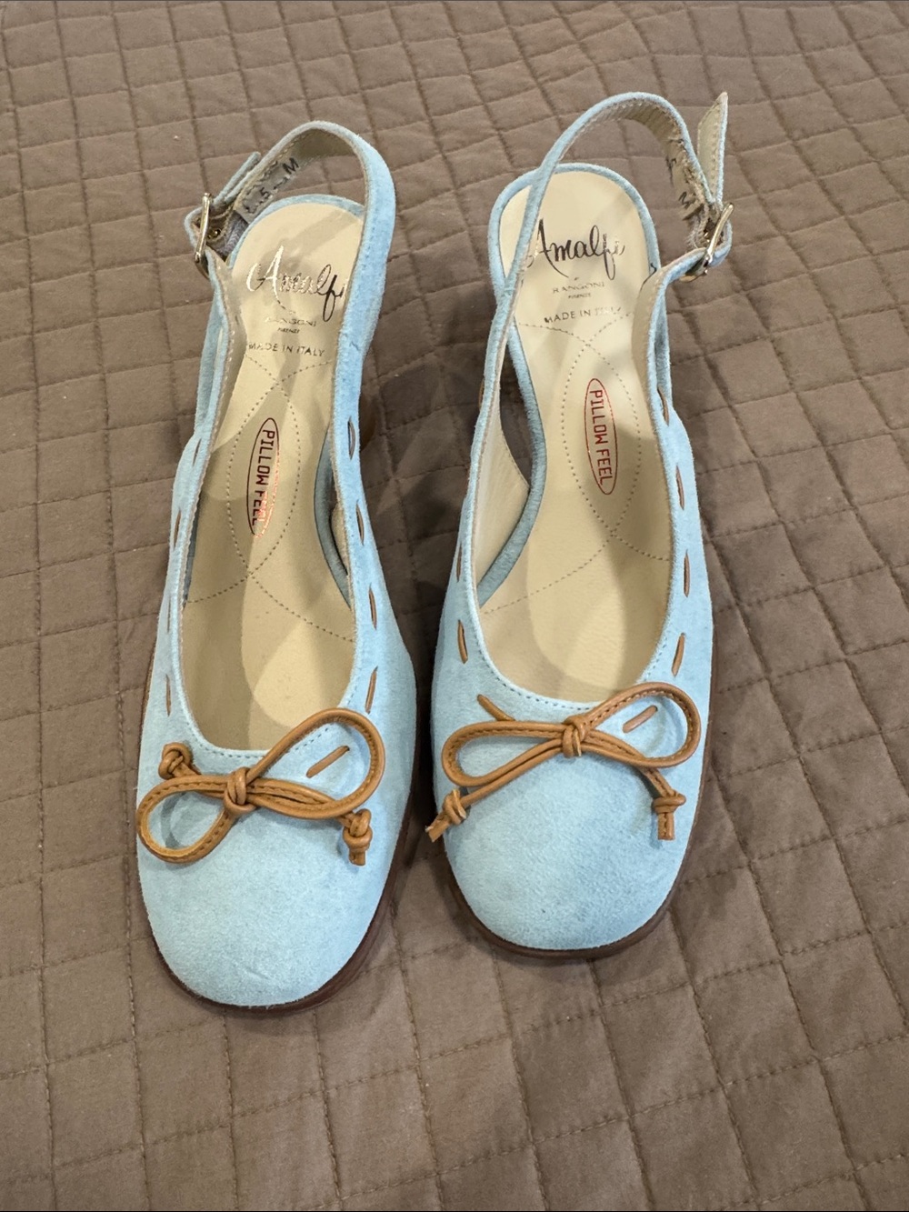 Amalfi Powder Blue Suede Heals with Tan Leather Bow Detail